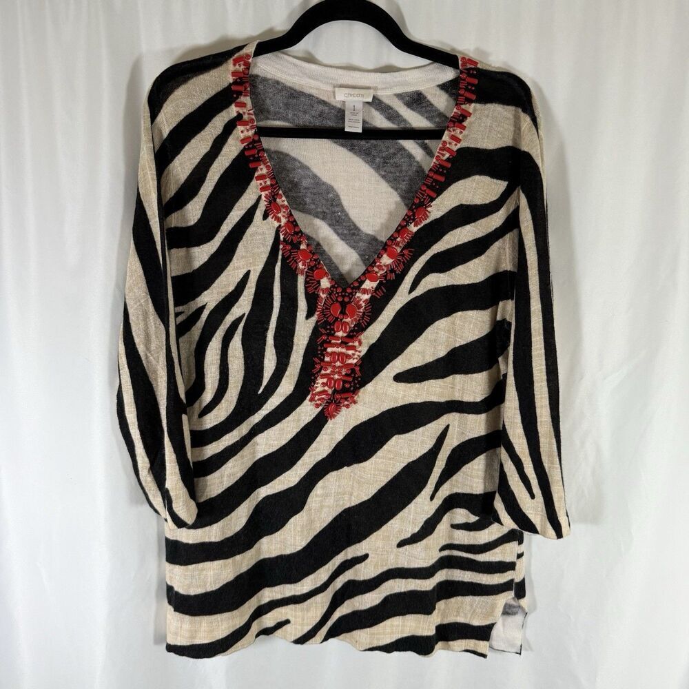 Chico's Blouse Women's 1 Medium Beige Black Striped Vneck Linen Blend Beaded